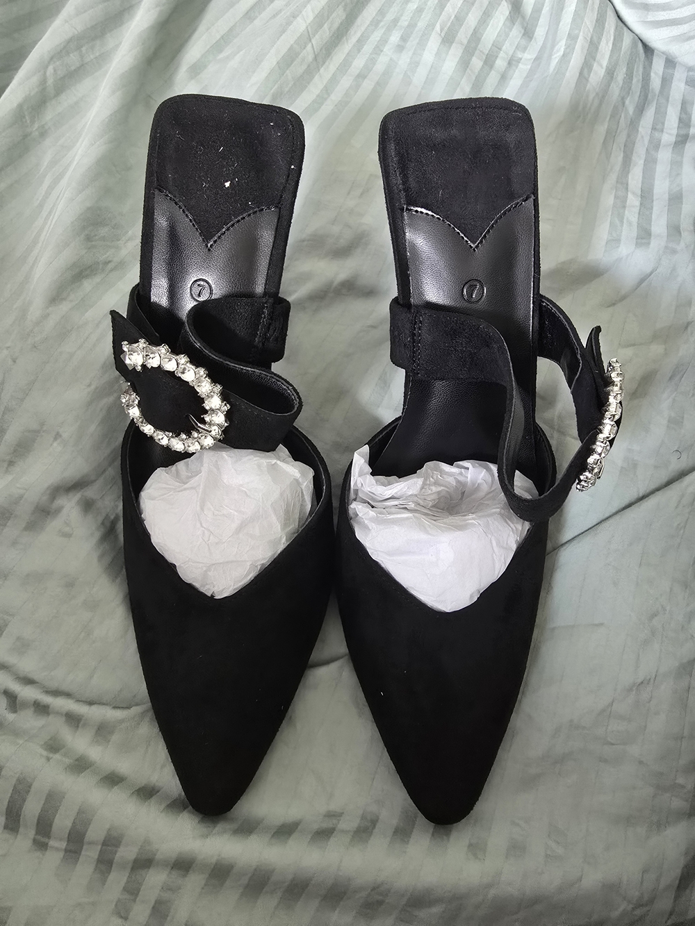 Black Pointed-Toe Crystal Buckle Mules